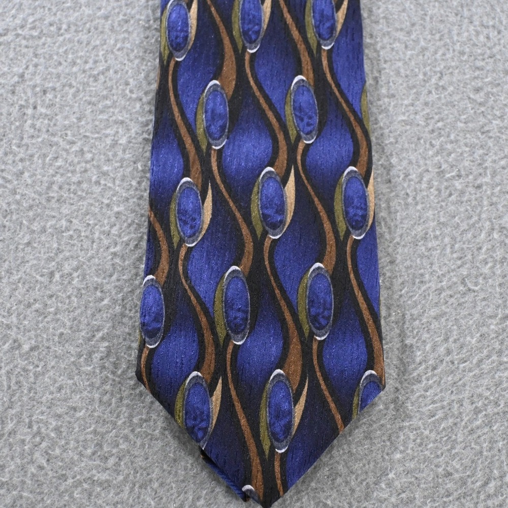 Cocktail Collection Mens Vintage 90s Abstract Geometric Silk Tie OS Blue Brown